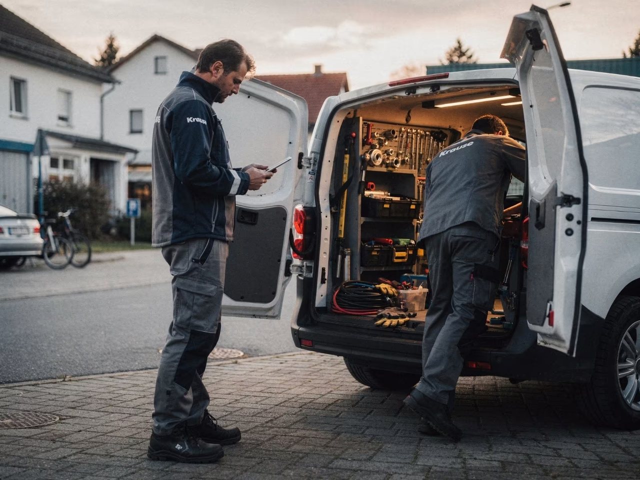Serviceteam am ausgestatteten Montagefahrzeug