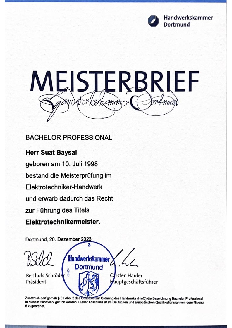 Meisterbrief – Elektrotechnikermeister